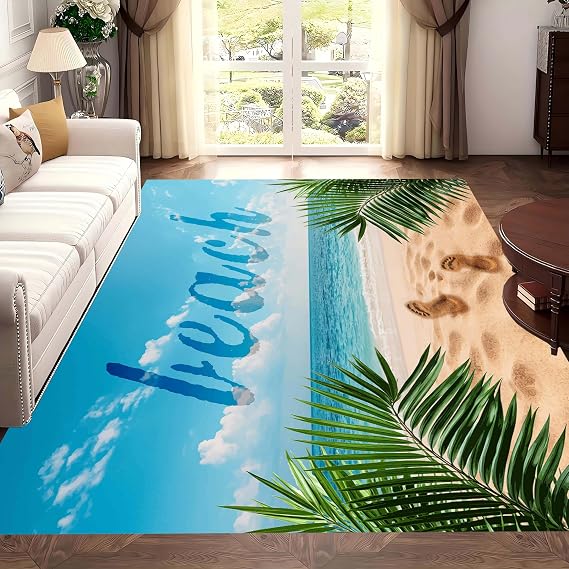 Beach Area Rug, 5x6ft Seaside Beach Footprints Rugs, Summer Coastal Green Palm Leaves Tropical Rainforest Carpet, Non-Slip Foldable Home Interior Decoration Durable Carpets