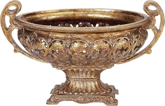 Deco 79 Polystone Decorative Decorative Bowl Ornate Decorative Container with Handles, Decorative Keepsake Box 19" x 10" x 12", Gold