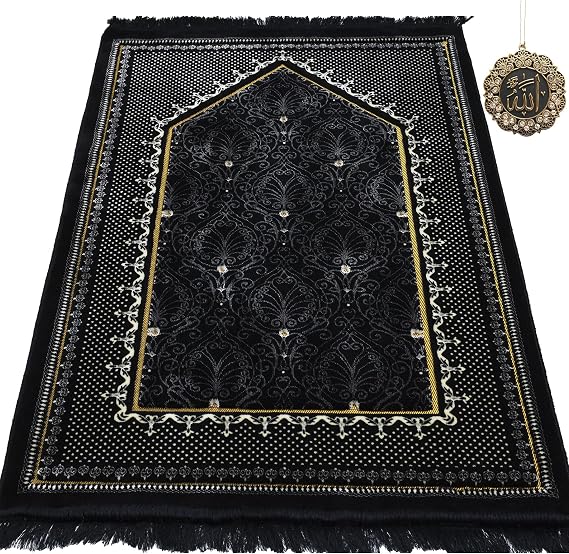 Turkish Islamic Velvet Prayer Rug - Thick & Wide Soft Carpet for Men & Women - Large Muslim Salah Mat - Ramadan & Eid Gift - with Car Hanger - Double Plush Topkapi (Black)