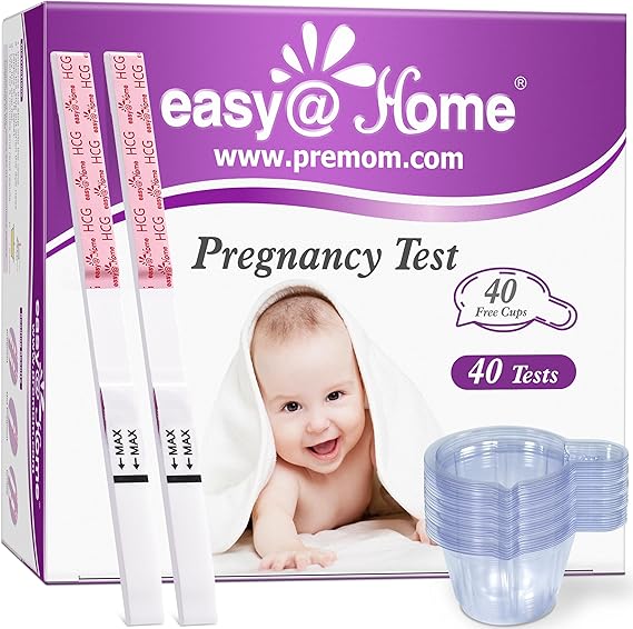 easy@Home 40 Pack Pregnancy Test Strips with Urine Cups, hCG Tests | Early detection hCG tests for home use with 40 individually sealed strips and urine cups, designed for trying to conceive.