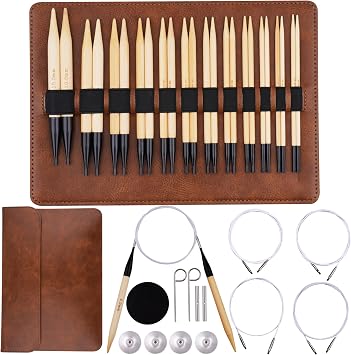 WAZAIGUR Interchangeable Bamboo Circular Knitting Needles Set with Case Sizes 3.5mm, 3.75mm, 4mm, 4.5mm, 5mm, 5.5mm, 6mm, 6.5mm, 7mm, 8mm, 9mm, 10mm, 12 Pairs, 4 Cables