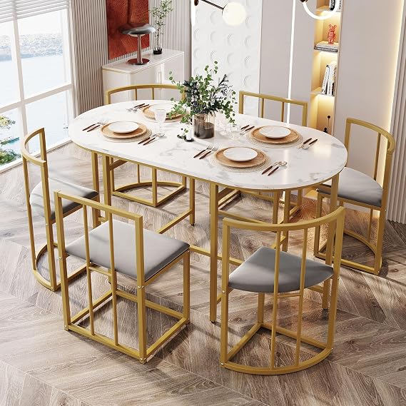 ModernLuxe Dining Set, White Marble Pattern Table, Grey Upholstered Chairs with Backrests, Gold Iron Frame, 140x80cm, 6 Seats