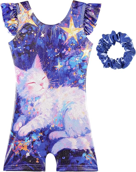 TFJH E Girls Gymnastic Leotard with Shorts, Flutter Sleeve & Scrunchie