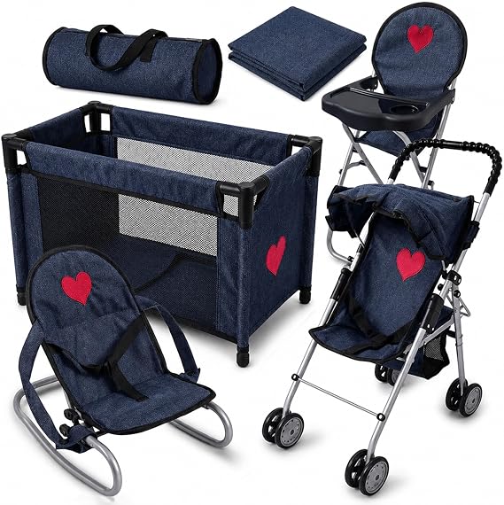 4-in-1 Baby Doll Stroller Set Includes Toy Stroller, Crib, Bouncer & High Chair Doll Accessories & Baby Doll Furniture Set for Toddlers 3-4 Years Fits Dolls up to 18 Inches