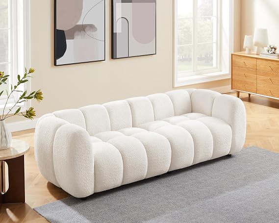 VANOMi 88" Oversized Boucle Sofa, Upholstered Tufted Cloud Couch, White