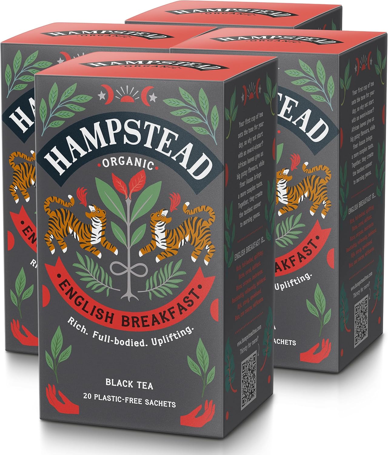 Hampstead Organic English Breakfast Tea Bags (4 Packs of 20), Bold Black Tea Blend with African & Assam Leaves, 100% Organic Brew, Home-Compostable Bags, Ethically Sourced Morning Drink