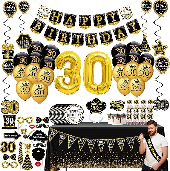 happy 30th birthday decorations for him men, black gold party decorations, Pennant, Hanging Swirl, birthday balloons, Tablecloths, cupcake Topper, Crown, plates, Photo Props, Birthday Sash