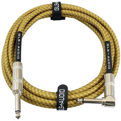 GLS Audio Instrument Cable 10 Ft Electric Guitar Cable Braided Brown/Yellow | Straight to Right Angle 1/4 Inch TS, Oxygen-Free Copper, Braided Tweed Jacket, Male-to-Male Wired Amp Cord for Amplifier