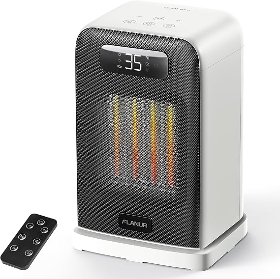 FLANUR Electric Heater, 1500W Portable Heater for Home with Thermostat, Silent PTC Ceramic Space Heater with 4 Modes, 70° Oscillation, 12H Timer & Remote, Digital Display, Fan Heater for Bedroom-White