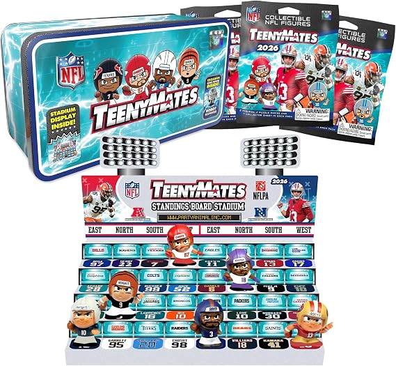 Teenymates Party Animal NFL 2025 Series 14 Collector Tin, 7 Figures (Includes Robot Referee), 1 Inch Tall, Team Colors