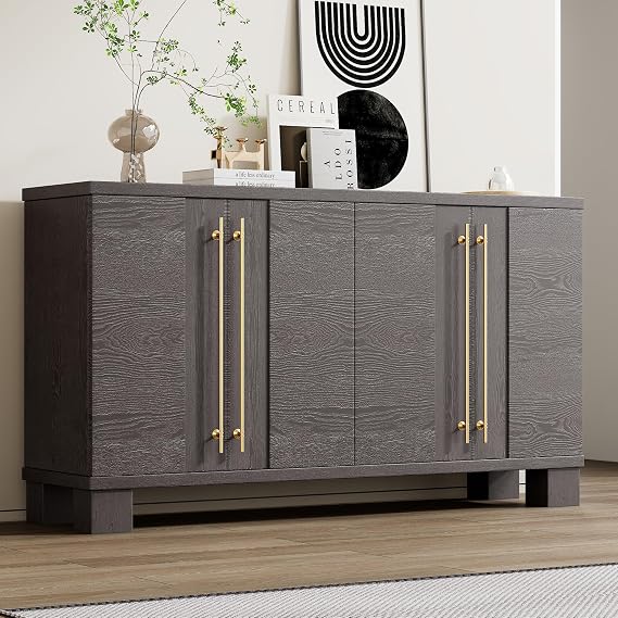 Modern Sideboard Buffet Cabinet 60-Inch Wood Credenza Console Storage Cabinet Dining Table with 4 Doors and Adjustable Shelves for Living Room Entryway, Taupe