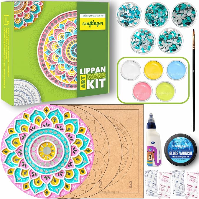 Craftinger Pro Lippan Art Kit 8 Inch For DIY Decor With Pre-Marked MDF Shapes, Acrylic Colors, And Mirrors,Multicolor