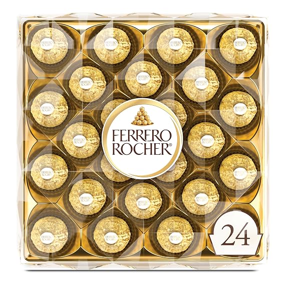 Ferrero Rocher Gourmet Hazelnut Milk Chocolate Gift Box, 24 Individually Wrapped Chocolates, 10.6 oz
