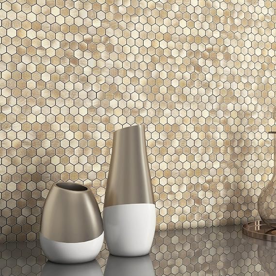 BeNice Penny Hexagon Peel and Stick Backsplash Tiles Gold Champagne 5pcs
