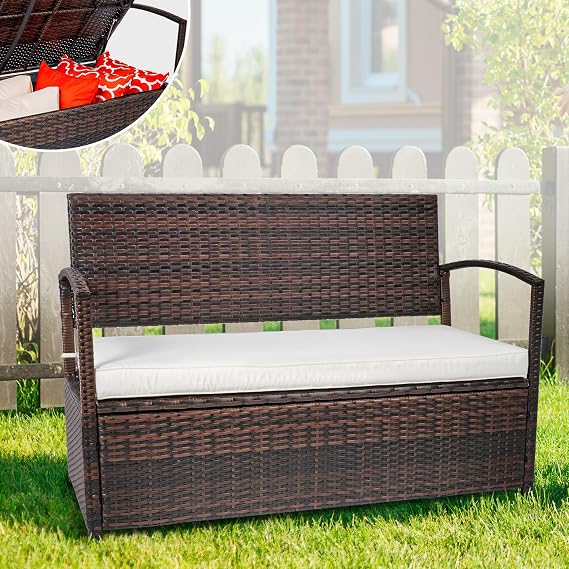 60 Gallon Outdoor Storage Bench- All Weather PE Rattan Deck Box- Deck Box w/Thick Seat Cushion- Patio Sofa Storage Bench with Cushion for Porch, Yard, Lawn, Garden (Brown)