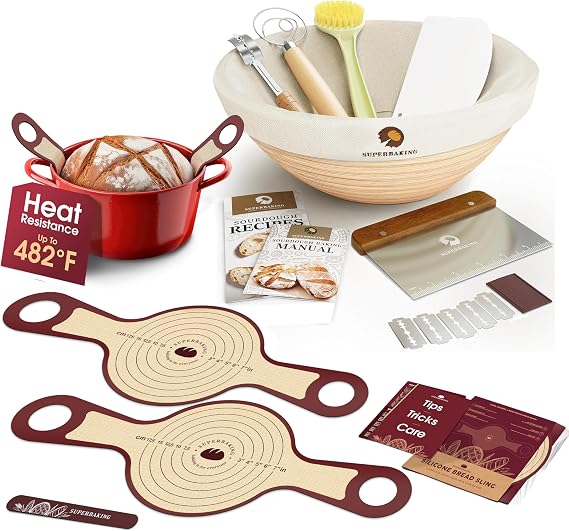 Superbaking Bread Proofing & Safe Baking Kit: Round Bread Proofing Basket & Silicone Bread Sling