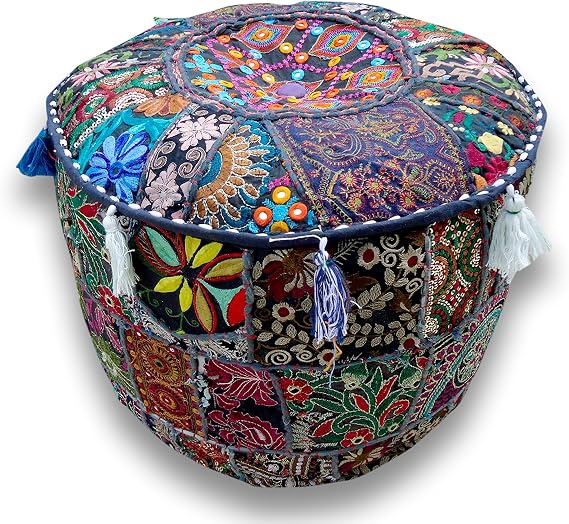 Sophia-Art Indian Embroidered Patchwork Cover Indian Decorative Pouf Indian Comfortable Floor Cotton Cushion Ottoman Pouf,Indian Designs Ethnic Patchwork Pouf (Blue, 14"x22")