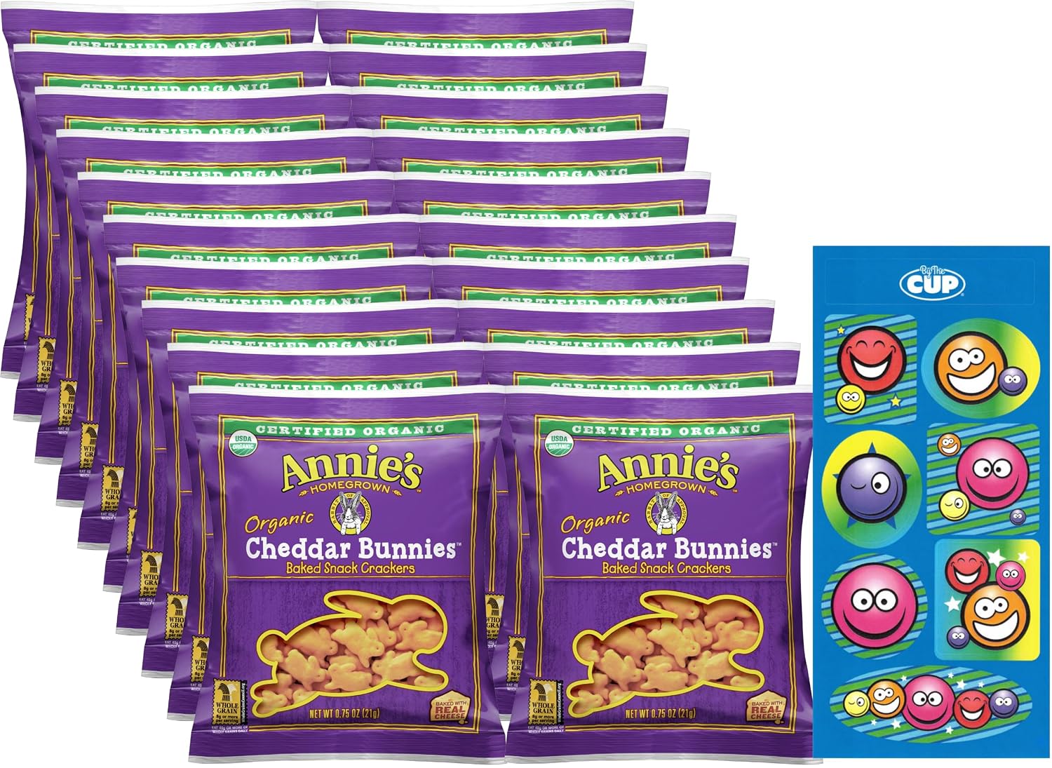 Annie&amp;amp;#39;s Organic Cheddar Bunnies Crackers, 0.75 oz Pack of 20 with By The Cup Stickers