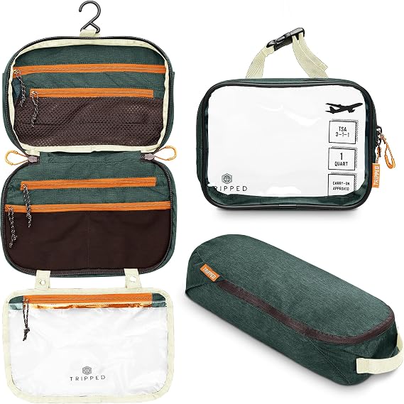 TRIPPED Travel Gear 3-Piece Travel Toiletry Bag Set | Includes Hanging Toiletry Bag, 311 TSA Liquid Bag, and Accessory Organizer Pouch with Lightweight Ripstop Construction