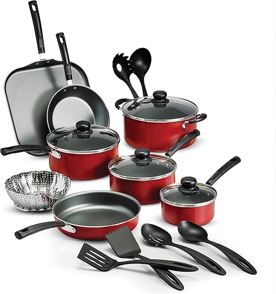Tramontina 18 Piece Nonstick Cookware Set - Red - Aluminum Construction, Dishwasher Safe, Compatible with Gas, Electric, Ceramic Cooktops - Includes Saute Pans, Griddle, Dutch Oven, Cooking Utensils