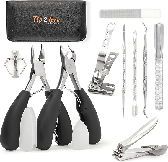 TIP2TOES 10 Pcs Ingrown Toenail Clippers for Seniors Thick Toenails- Heavy Duty Podiatrist Toe Nail Cutter for Men, Professional, and Adults- Easy Grip Handle Stainless Steel Sharp Curved Grooming Kit
