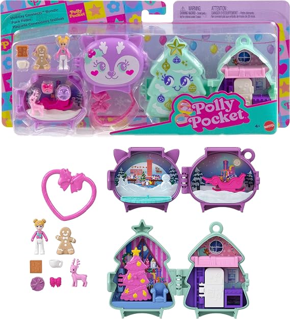 Polly Pocket mini toys Pack of compact Christmas-themed play sets that include micro dolls, accessories, pet figures and clip-on travel toys and can be stacked on top of each other, JGM53
