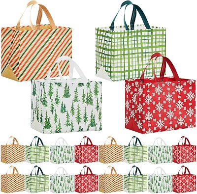 Sanwuta 36 Pcs Large Christmas Bags Bulk for Gifts 12.8 x 9.8 x 6.7 in Tote Grocery Bags with Handles Red Green Stripe Reusable