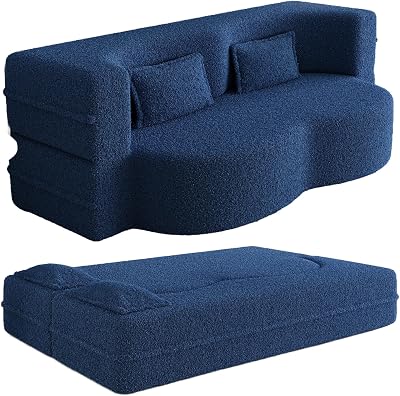 Boucle Couch Bed with Pillows, Convertible Loveseat and Floor Sleeper Sofa for Living Room Bedroom, Folding Design Curved Shape Seat Blue