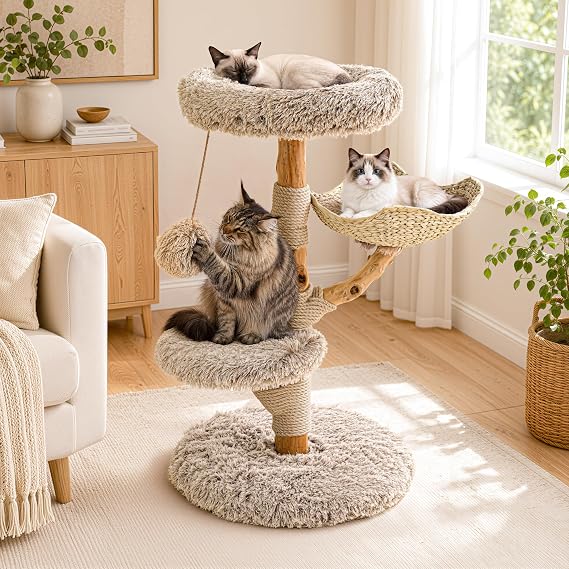 Sopapets Solid Wood Cat Tree, Modern Cat Tower for Indoor Large Cats, Beige