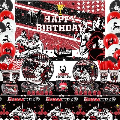 KEFAN Boxing Birthday Party Decorations, Boxing Party Supplies Packs, Fight Sports Wrestling Party Supplies including Backdrop, Plates, Napkins, Tablecloths, Balloons, Serves 20 Background