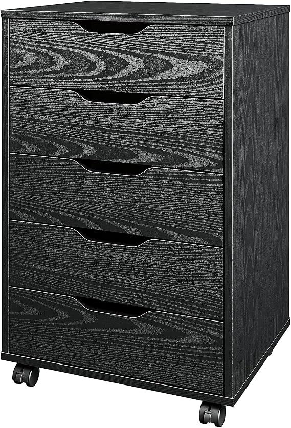 Panana 5/7 Drawer Mobile File Cabinet, Wooden Under Desk Storage with Wheels Office Organization Vertical Filing Chest of Drawers for Home Office (Black, 5 Drawer)