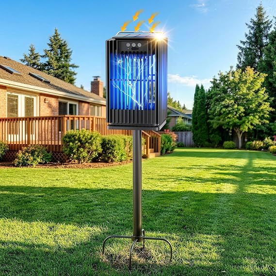 Outdoor Solar Bug Zapper-4200V Cordless Electric Mosquito Zapper with Waterproof Design & Smart Sensor-5000mAh Rechargeable Fly Zapper with Night Light-Mosquito Repellent for Patio, Backyard, Camping