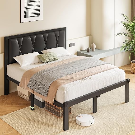 GalnFu Full Size Bed Frame with Button Tufted Headboard, Faux Leather Upholstered Platform Bed Frame, Metal Bed Frame with Steel Slats Support, No Box Spring Needed, Easy Assembly, Black