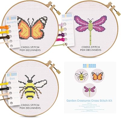 Kraftex Floral Stamped Cross Stitch Kits for Beginners - 3 Pack. DIY Embroidery Needlepoint Patterns for Adults. Easy Cross Stitch Kits for Beginners Garden Creatures