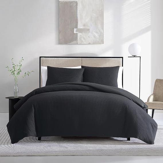 Vera Wang- Queen Duvet Cover Set, Soft Cotton Bedding Set with Matching Shams, Chic Room Essentials (Waffle Pique Black, Queen)