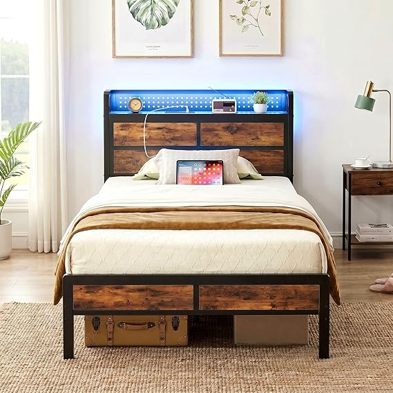 IRONCK Single Bed Frame with Storage Headboard & LED Lights, Platform Bed Frame Single with Charging Station, Metal Bed Frame, UnderBed Storage/Mattress Foundation, Vintage Brown