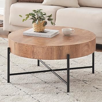 CABIHOME Round Coffee Table with Two Drawers Circle Center Table with Storage Farmhouse Coffee Table Living Room Wood Look Cocktail Table with Metal Frame Natural