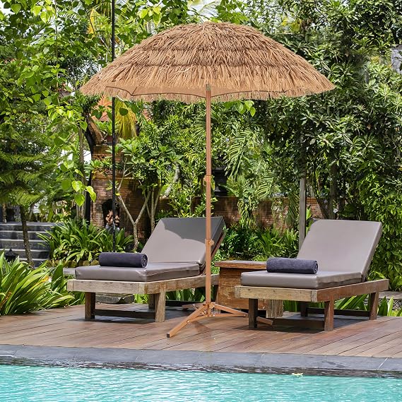 Tangkula 6.5Ft Tiki Patio Umbrella with Base, Hawaiian Style Outdoor PP Grass Umbrella with Tilt Adjustment, 8 Ribs, Thatched Beach Umbrella with Carry Bag for Garden, Yard, Deck, Pool