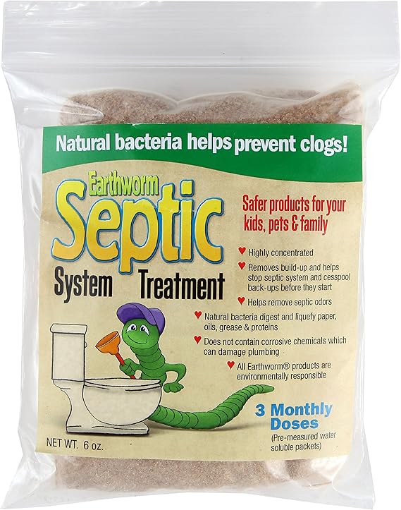 Earthworm Septic Tank System Treatment Cleaner! - 3 Monthly Doses - Pre-Measured Water Soluble Packets - Natural Enzymes, Safer for Family, Environmentally Responsible - 6 Oz.