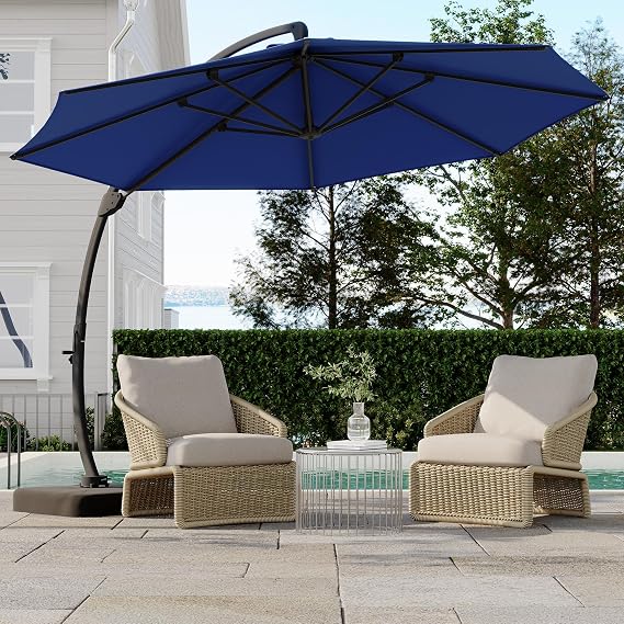 Outdoor Large Round Aluminum Offset Umbrella, Heavy Duty Offset Umbrella With 360Rotation, Offset Patio Cantilever UmbrellaS With Base Included