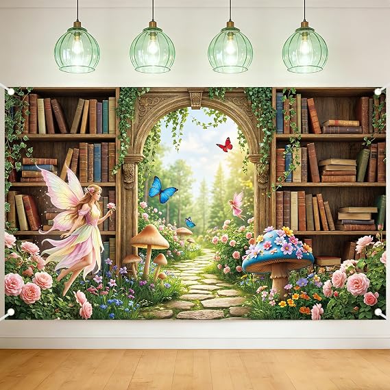 Enchanted Fairy Tale Library Backdrop - Woodland Bookshelf Green Garden Book Tree Floral Plant Butterfly Mushroom Backdrop Photography Background Birthday Baby Shower Photo Studio Shoot 71x43 in