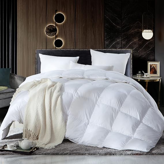 Luxurious Twin/Twin XL Size Goose Down Fiber Waterfowl Feather Fiber Comforter Duvet Insert, 100% Egyptian Cotton Cover, 50 oz. Fill Weight, All-Season White Solid Comforter