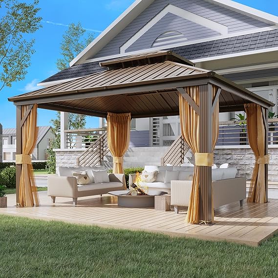 YOLENY 12' x 14' Gazebo, Hardtop Gazebo with Aluminum Frame, Double Galvanized Steel Roof, Curtains and Netting Included, Metal Gazebos Pergolas for Patios, Garden, Parties, Lawns