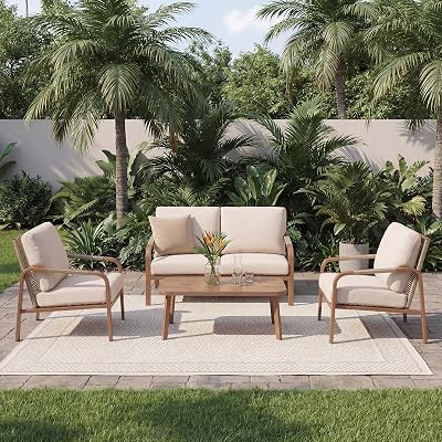Aluminum Patio Conversation Set, 4-Piece Outdoor Furniture with Coffee Table, Loveseat and Cushions, All-Weather Sofa Set, Beige