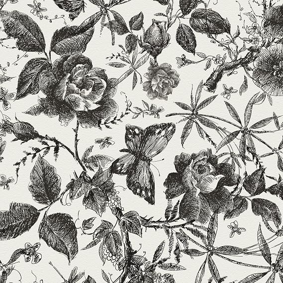 JiffDiff Black Rose Floral Vintage Peel and Stick Wallpaper,15.8" x 118"