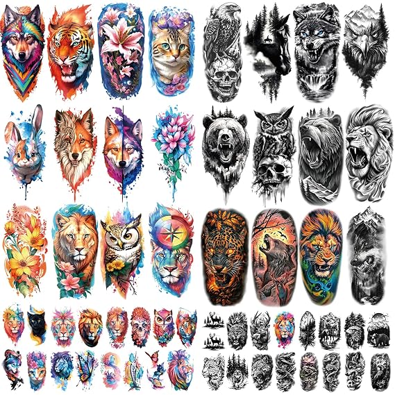 77 Sheets Animal Temporary Tattoo, 17 Sheets Half Arm Fake Tattoos for Adults Shoulder Neck, 60 Sheets Tiny Waterproof Temporary Tattoos Realistic for Women Girls and Kids