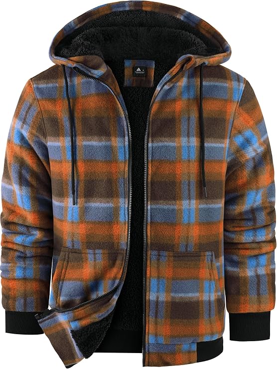ZITY Hoodies for Men Flannel Fleece Sweatshirt Plaid Zip Sherpa Lined Coat
