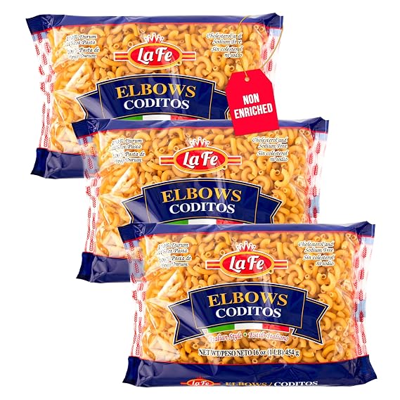 La Fe Elbow Macaroni Pasta 16oz - 3 Pack - Unenriched Semolina Wheat Pasta Italian Elbows - Cholesterol & Sodium Free