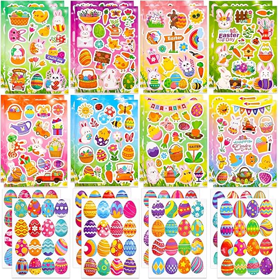 Easter Stickers Bulk - 24 Sheets Bunny Egg Stickers, Easter Basket Stuffers, Party Gifts, Egg Fillers Party Decorations