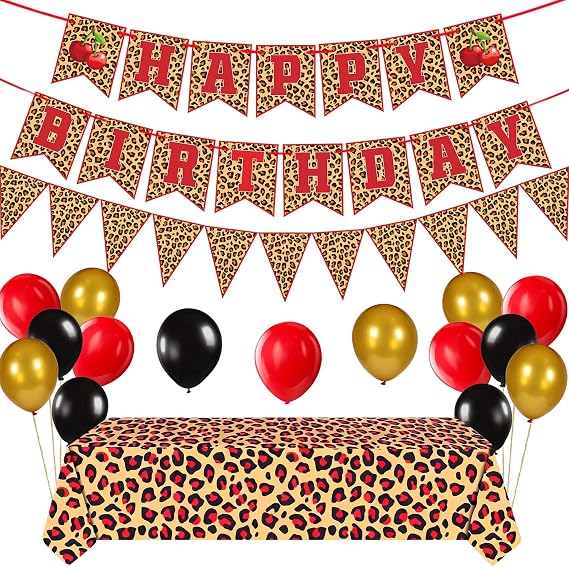 Leopard Party Decorations Cheetah Cherry Happy Birthday Banner Cheetah Theme Balloons Leopard Print Tablecloth for Girls Women Safari Wild Birthday Party Supplies (Red Leopard Print)